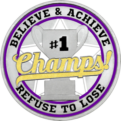 Gold "Champs!" with Purple Outer Circular Borders